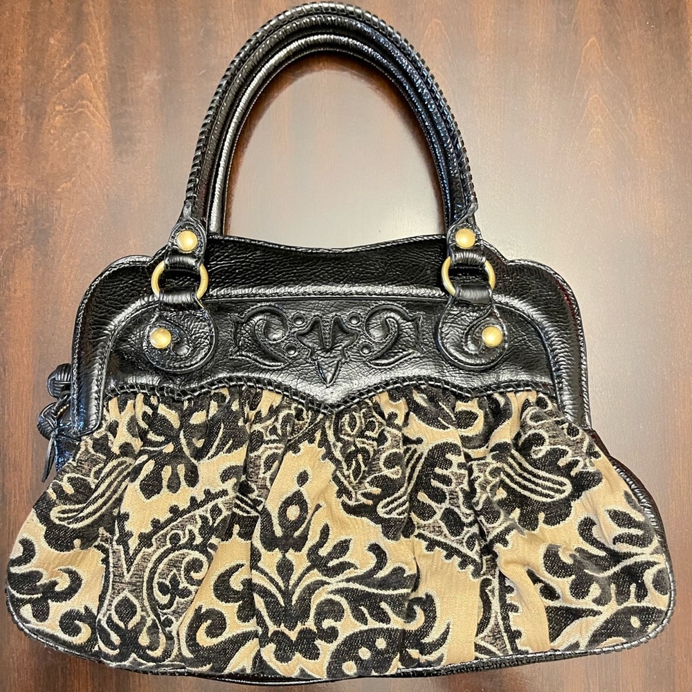 Isabella Fiore Tapestry Style Pattern Fabric and Black Patent Leather Hand bag. - Picture 2 of 8